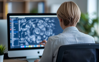 personne-dos-bureau-ecran-flou-etagere